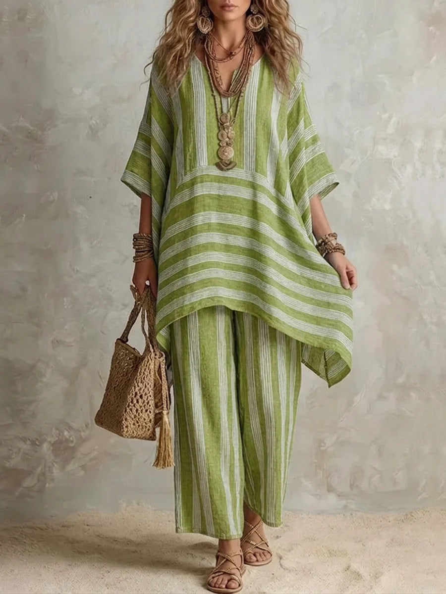 Boho Striped Poncho Top & Wide-Leg Pants Two-Piece Set