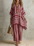 Boho Striped Poncho Top & Wide-Leg Pants Two-Piece Set
