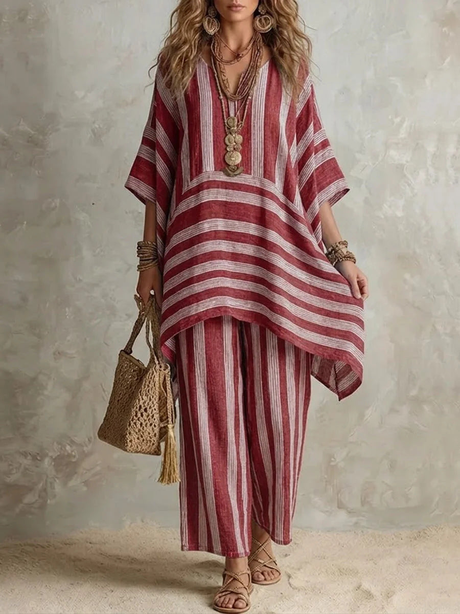 Boho Striped Poncho Top & Wide-Leg Pants Two-Piece Set